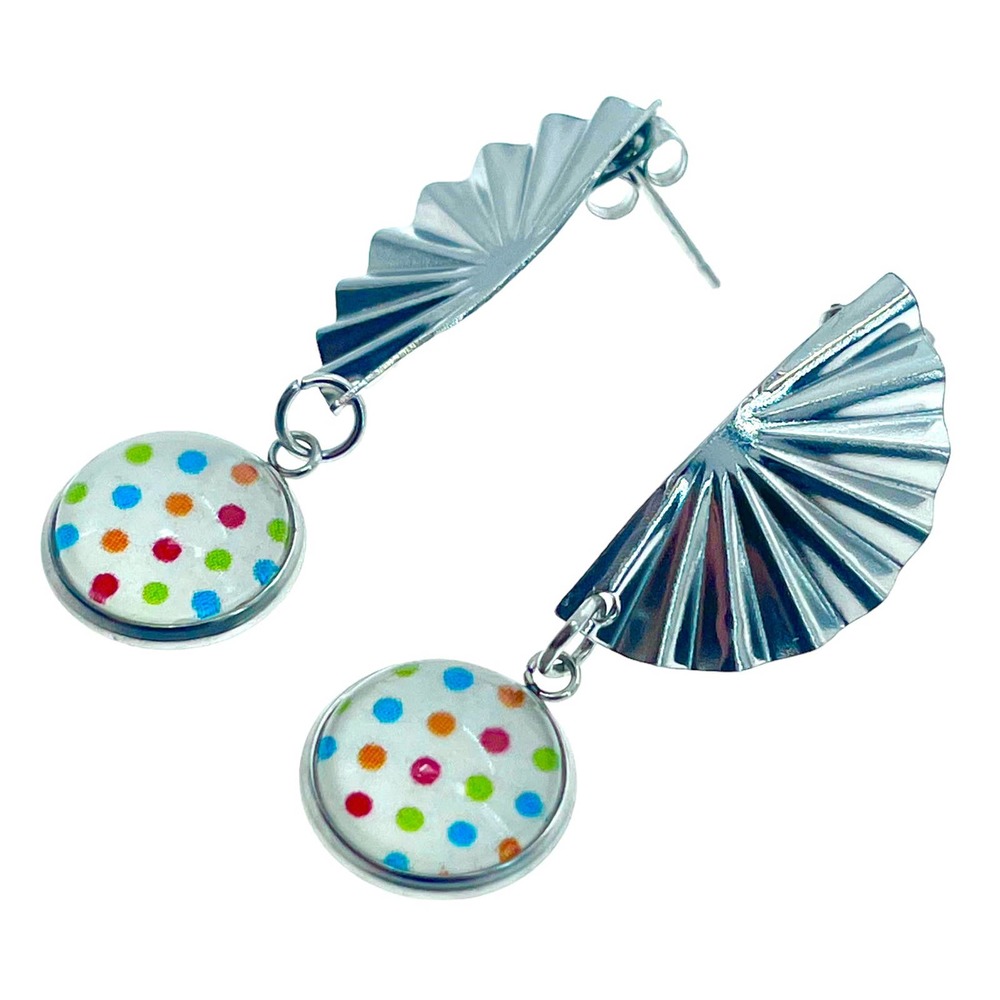 Rainbow Polka Dot Fan Earrings, Handmade Unique Boho Chic Jewelry